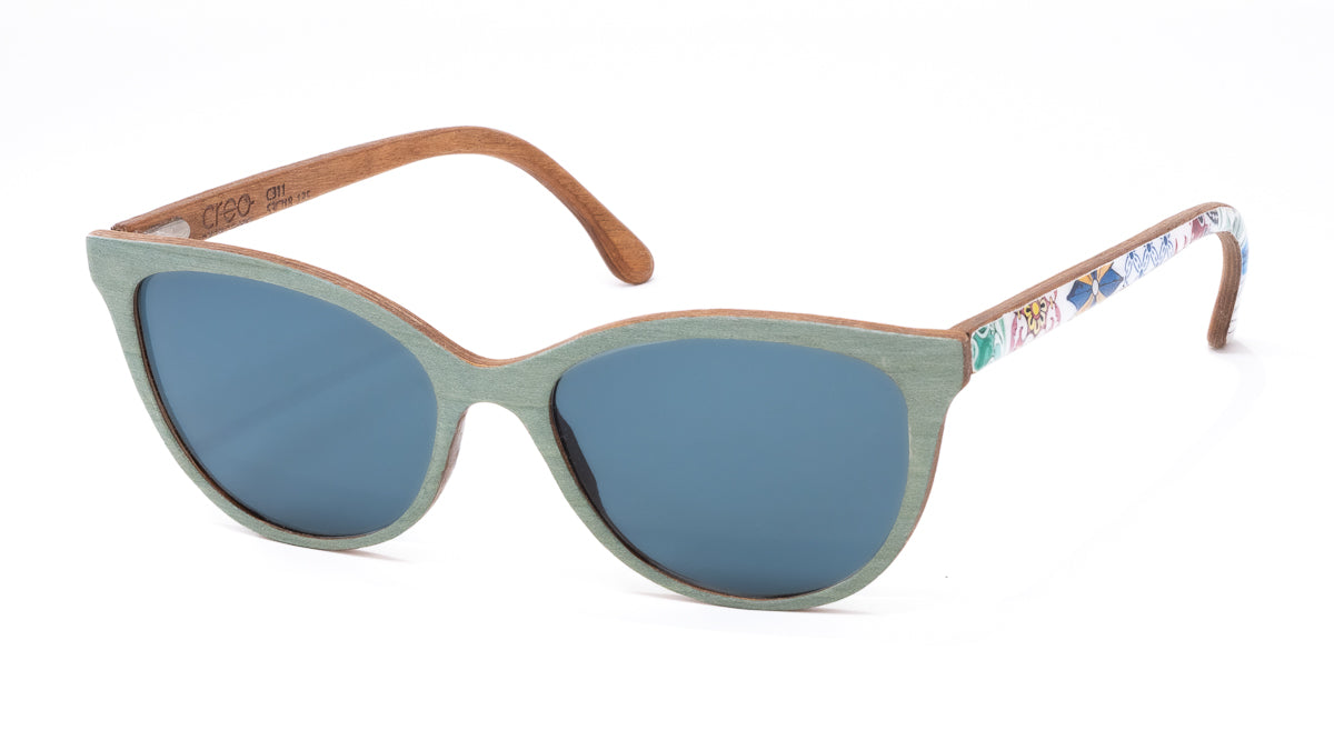 CREO 311 handmade wooden sunglasses in pale blue with ceramic, crafted in Positano, three quarter view