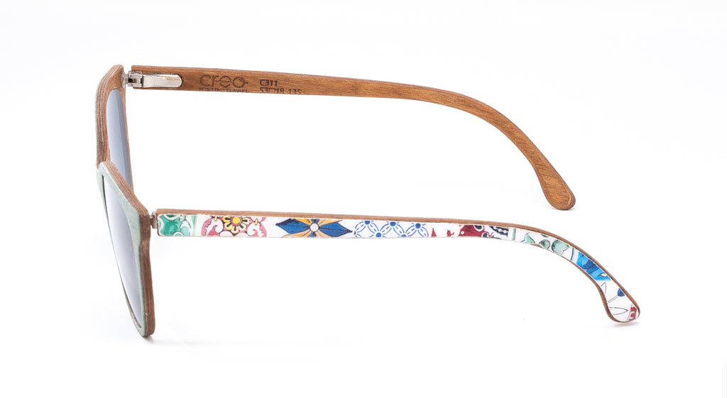 CREO 311 handmade wooden sunglasses, crafted in Positano, side view of the temple with Positano ceramic